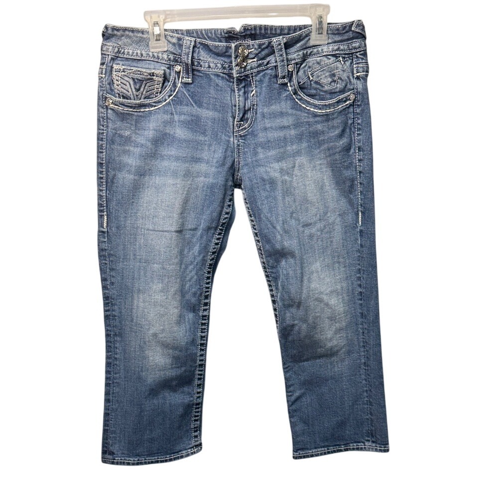 Vigoss Women Blue Denim Embellished Cropped Capri Jeans Size 11/12 Medium‎ Wash
